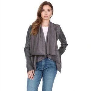 Blank NYC faux vegan leather suede moto drape front jacket
